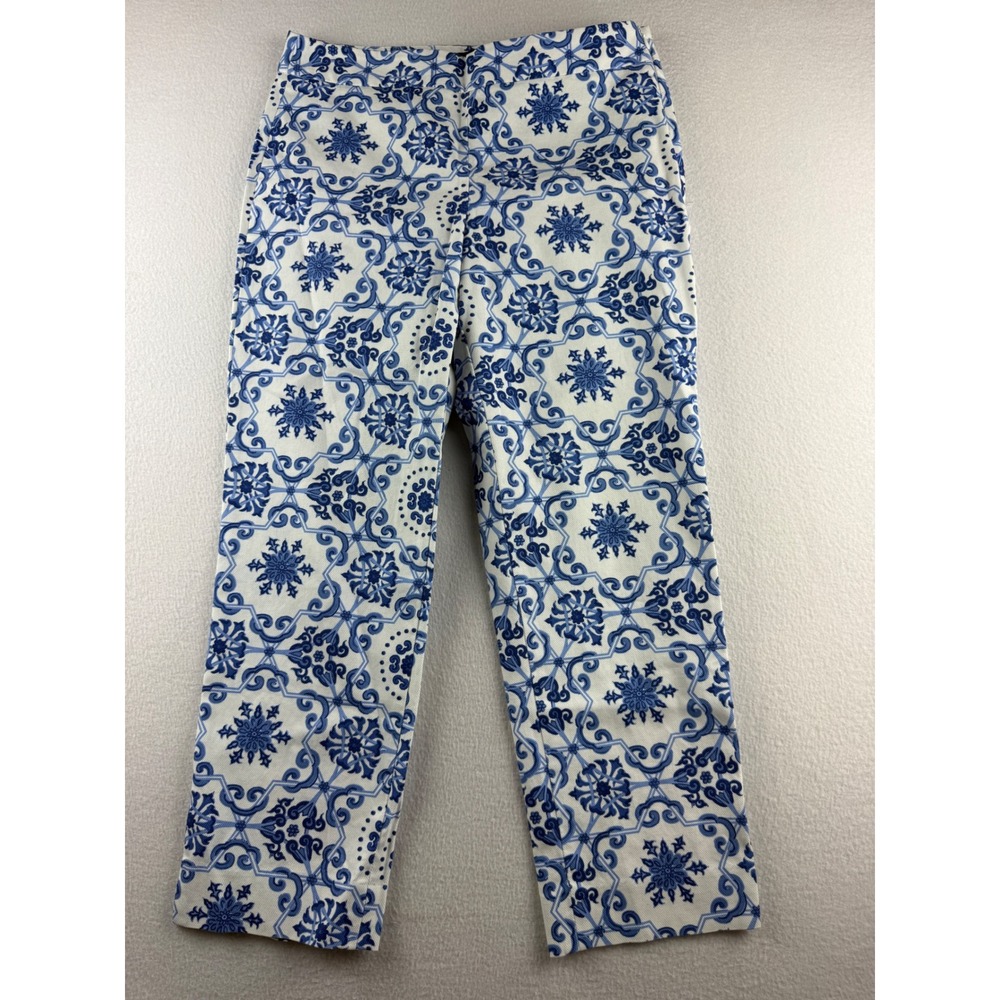 Talbots Heritage Blue White Tile Print Straight Leg Pants Side Zip Womens 6
